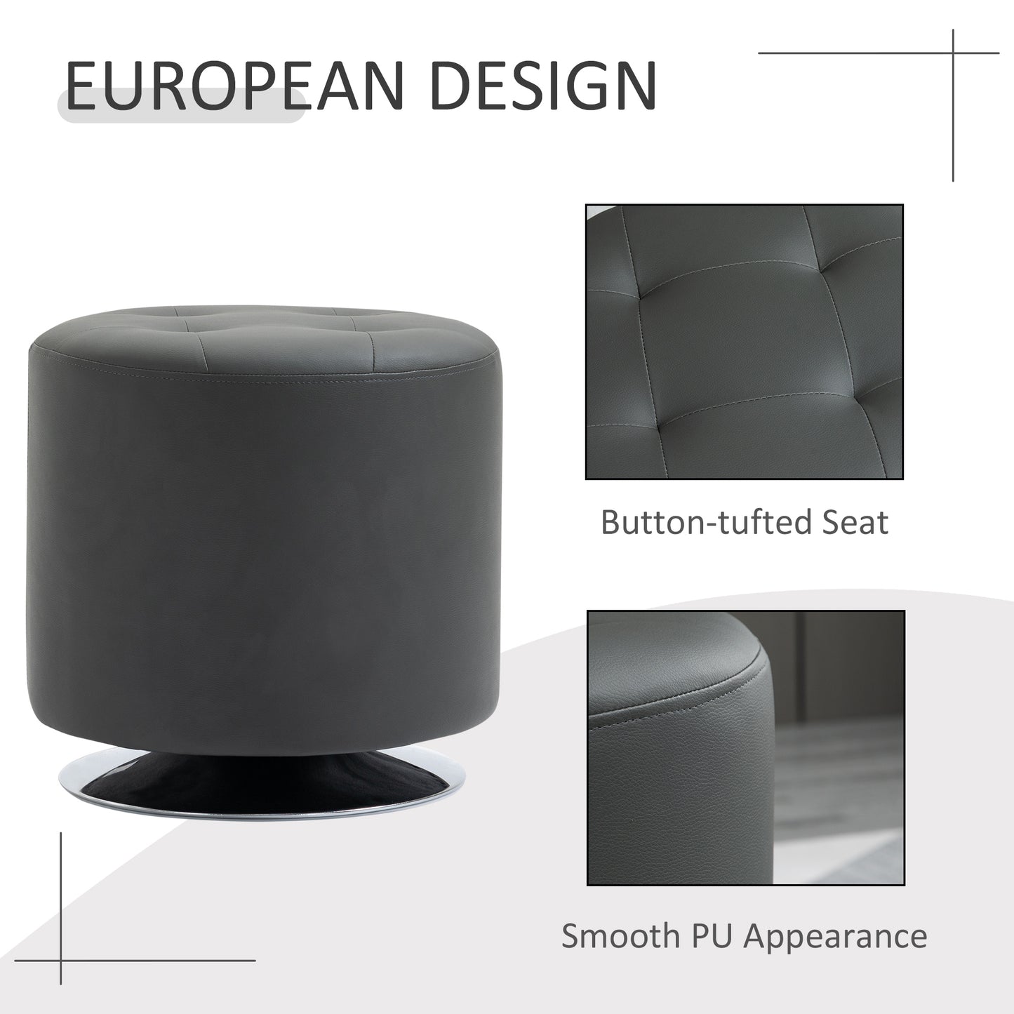 HOMCOM 360° Swivel Foot Stool Round PU Ottoman with Thick Sponge Padding and Solid Steel Base, Grey