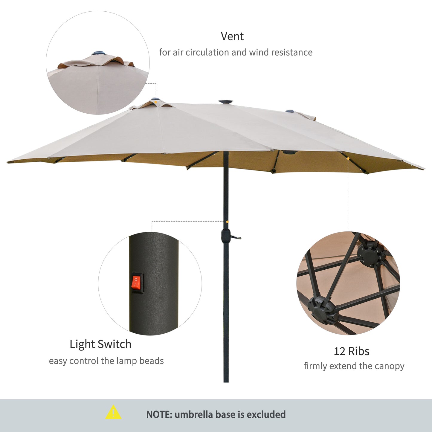 Outsunny Garden Parasol 4.4m Double-Sided Sun Umbrella Patio Parasol LED Solar Lights Khaki