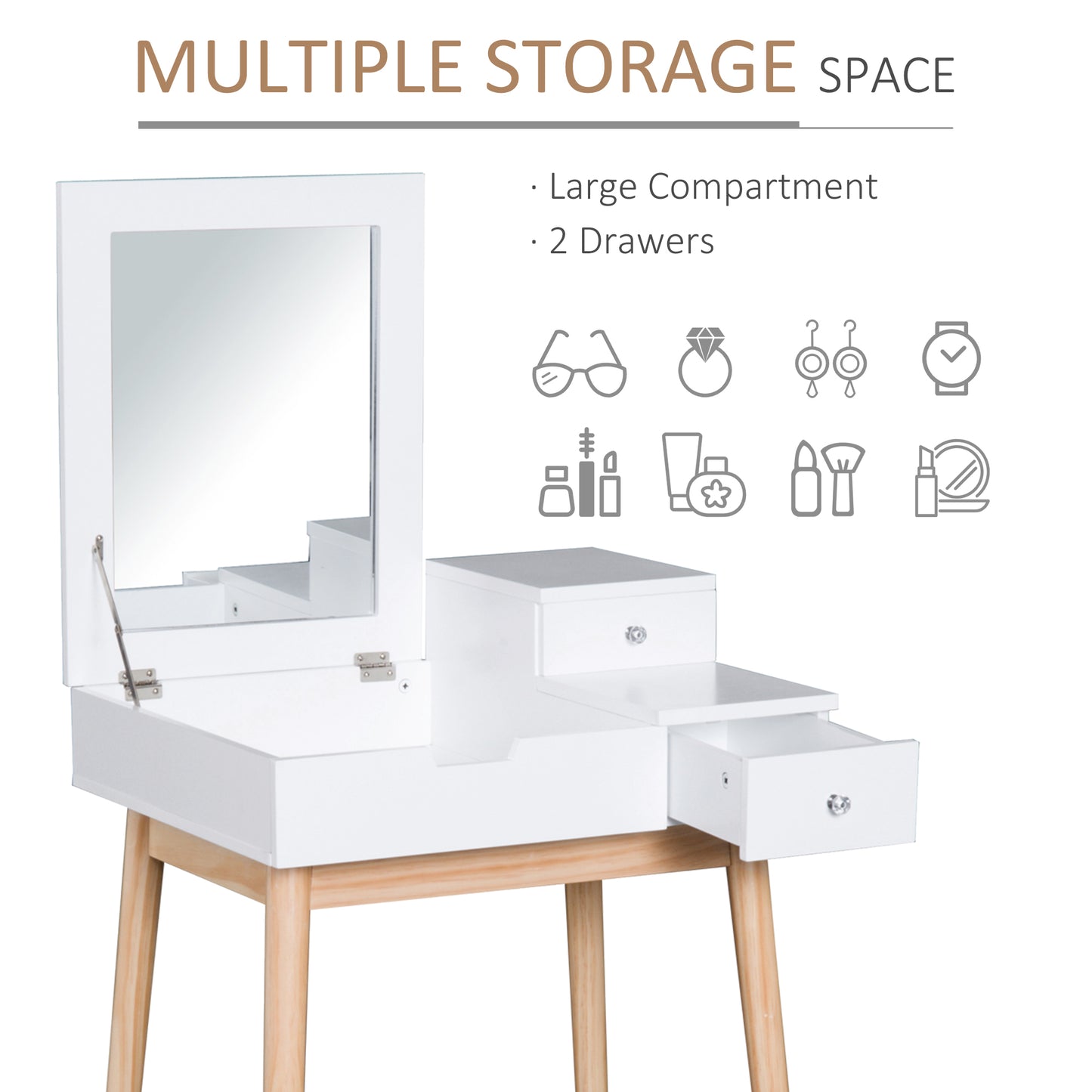 HOMCOM 2 in 1 Dressing Table with Flip-up Mirror, MDF, Pine-White