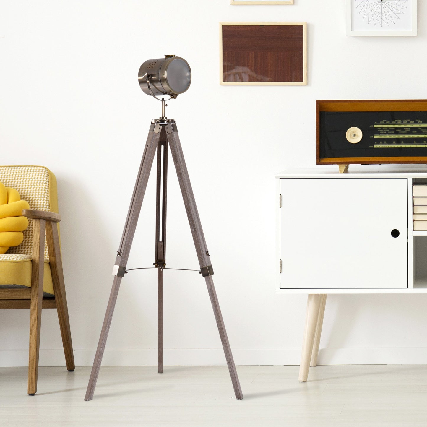 HOMCOM Vintage Tripod Floor Lamp, 65L, Modern Adjustable Height Tall Table Lamp for Living Room Bedroom-Wood/Bronze Colour