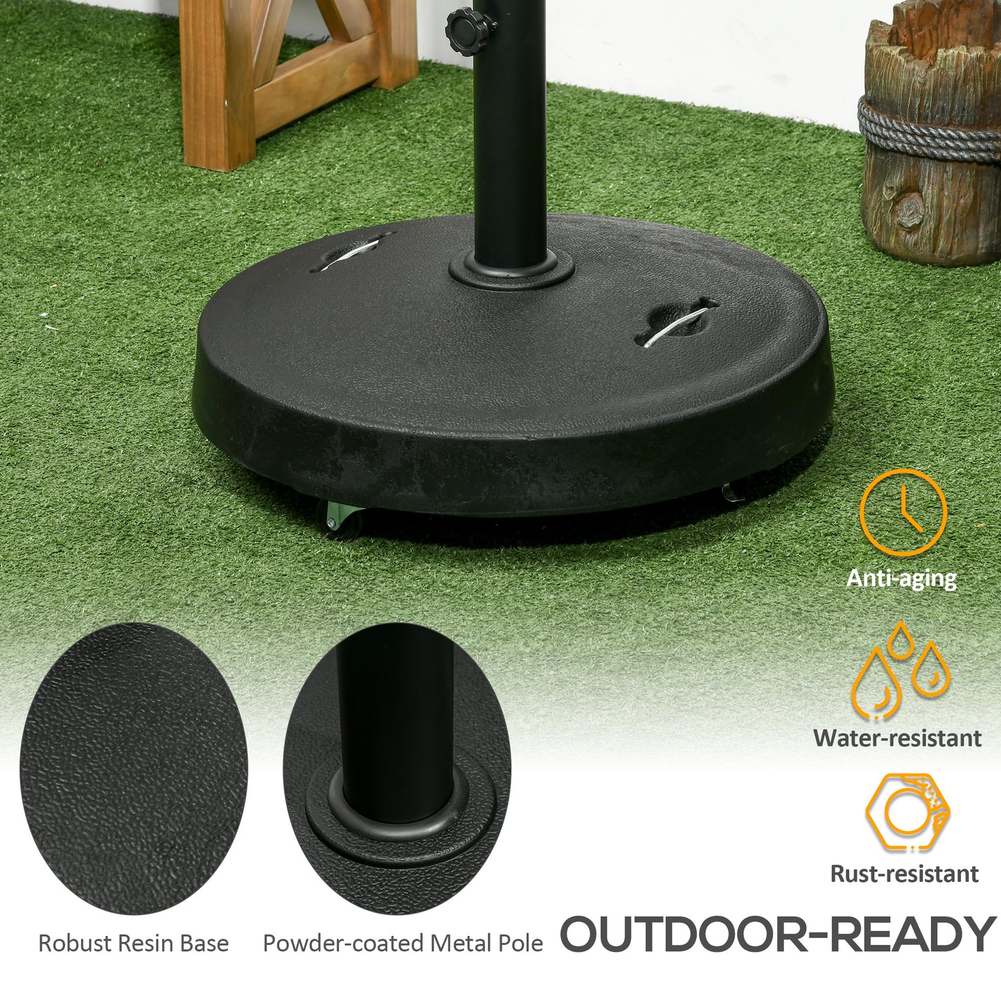 Outsunny 23.5kg Resin Garden Parasol Base with Wheels and Retractable Handles, Round Outdoor Market Umbrella Stand Weight for Poles of Ø38mm to Ø48mm, Black