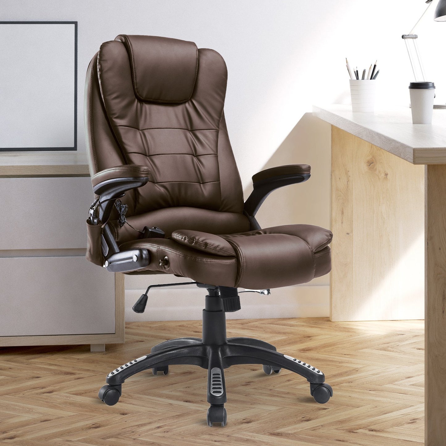 HOMCOM PU Leather Office Chair W/Massage Function, High Back-Brown