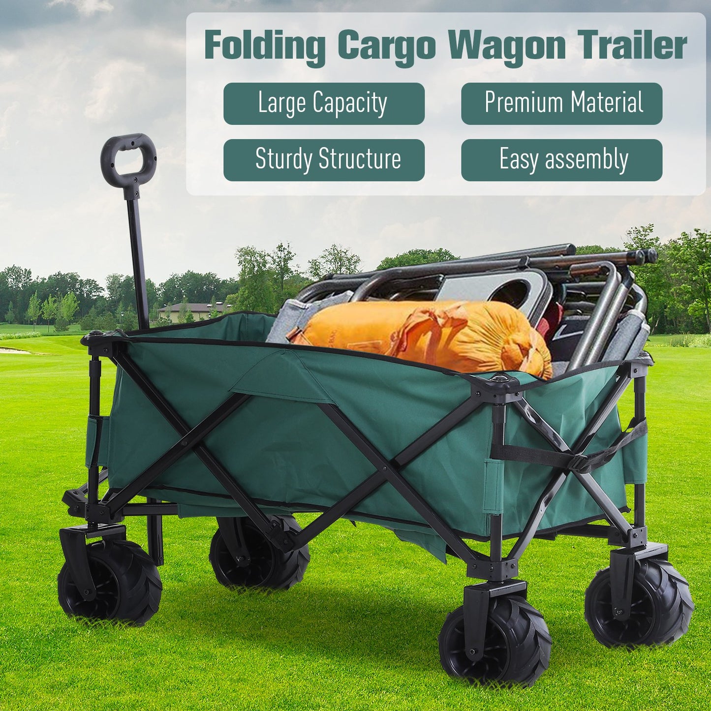 Outsunny Metal Frame Folding Pull Cargo Cart Green