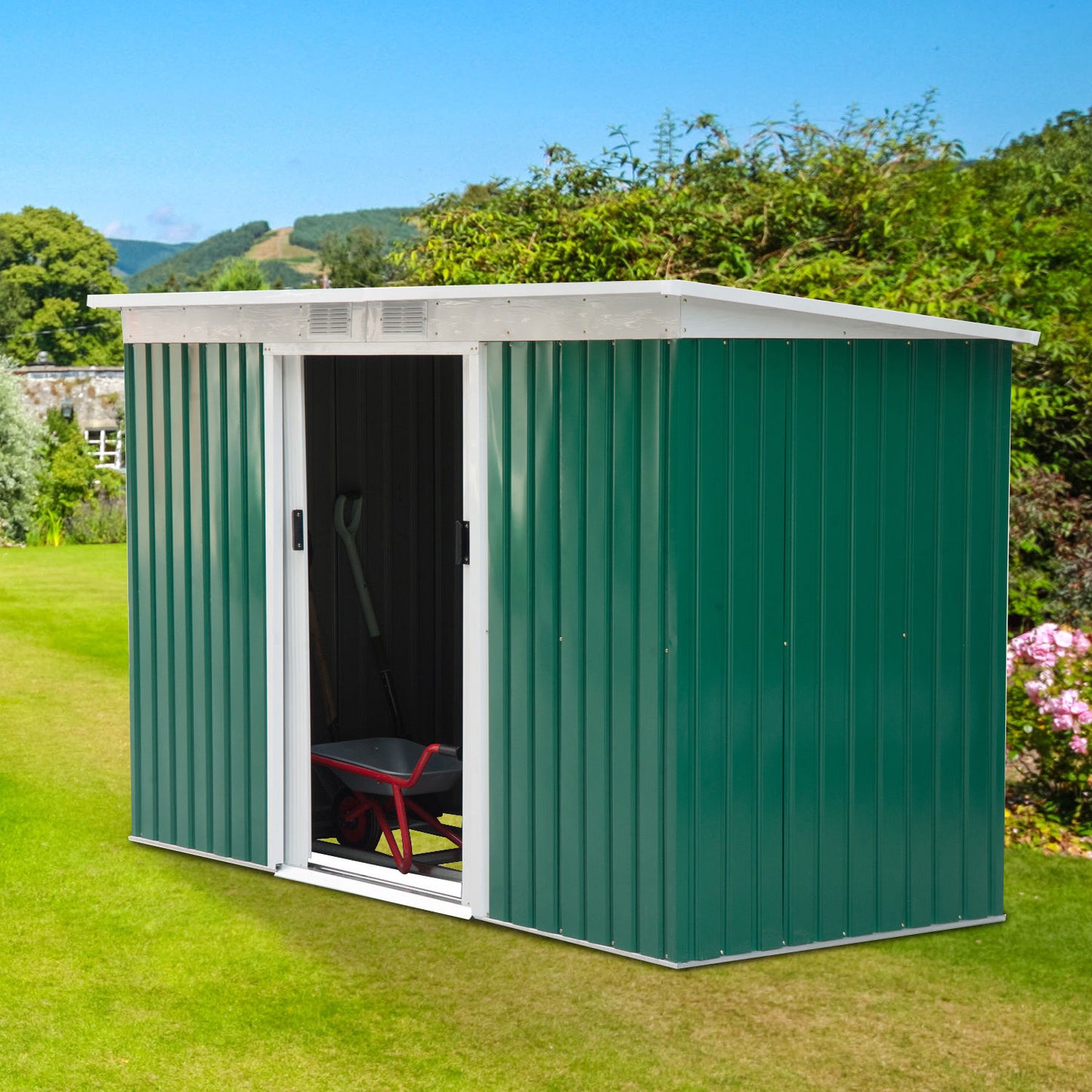 Outsunny 4.2 x 9ft Corrugated Steel Garden Shed & Foundation - Green