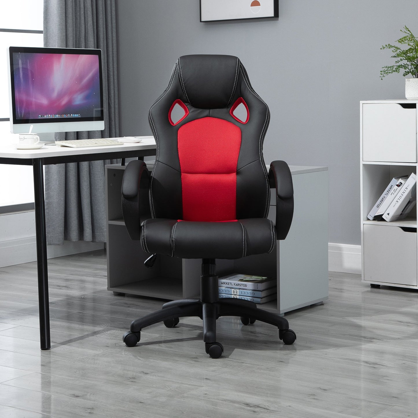 HOMCOM Racing Chair Gaming Sports Swivel PU Leather Office PC Chair Height Adjustable-Black/Red