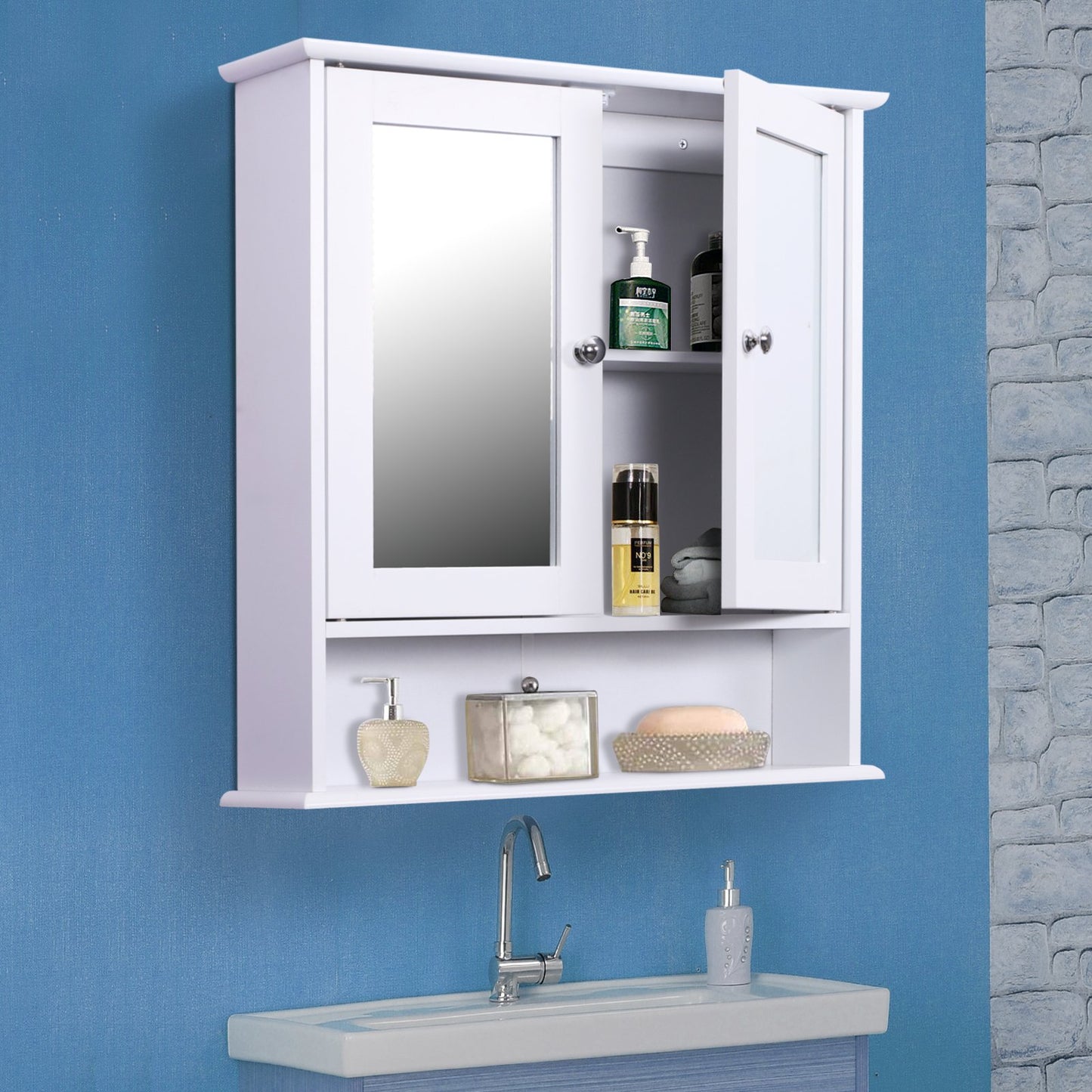 Kleankin Wall-mounted Bathroom Cabinet Mirror Door, 56L x 13W x 58Hcm-White