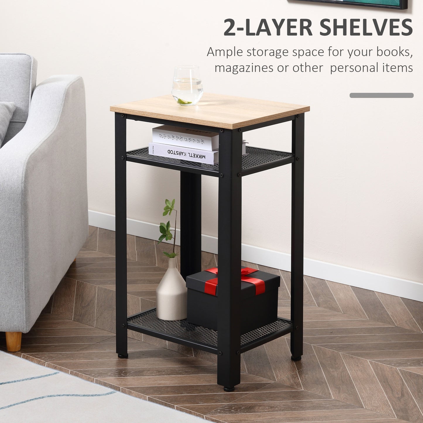 HOMCOM Modern Side Table with 2-Tier Shelves End Table for Bedroom, Living Room