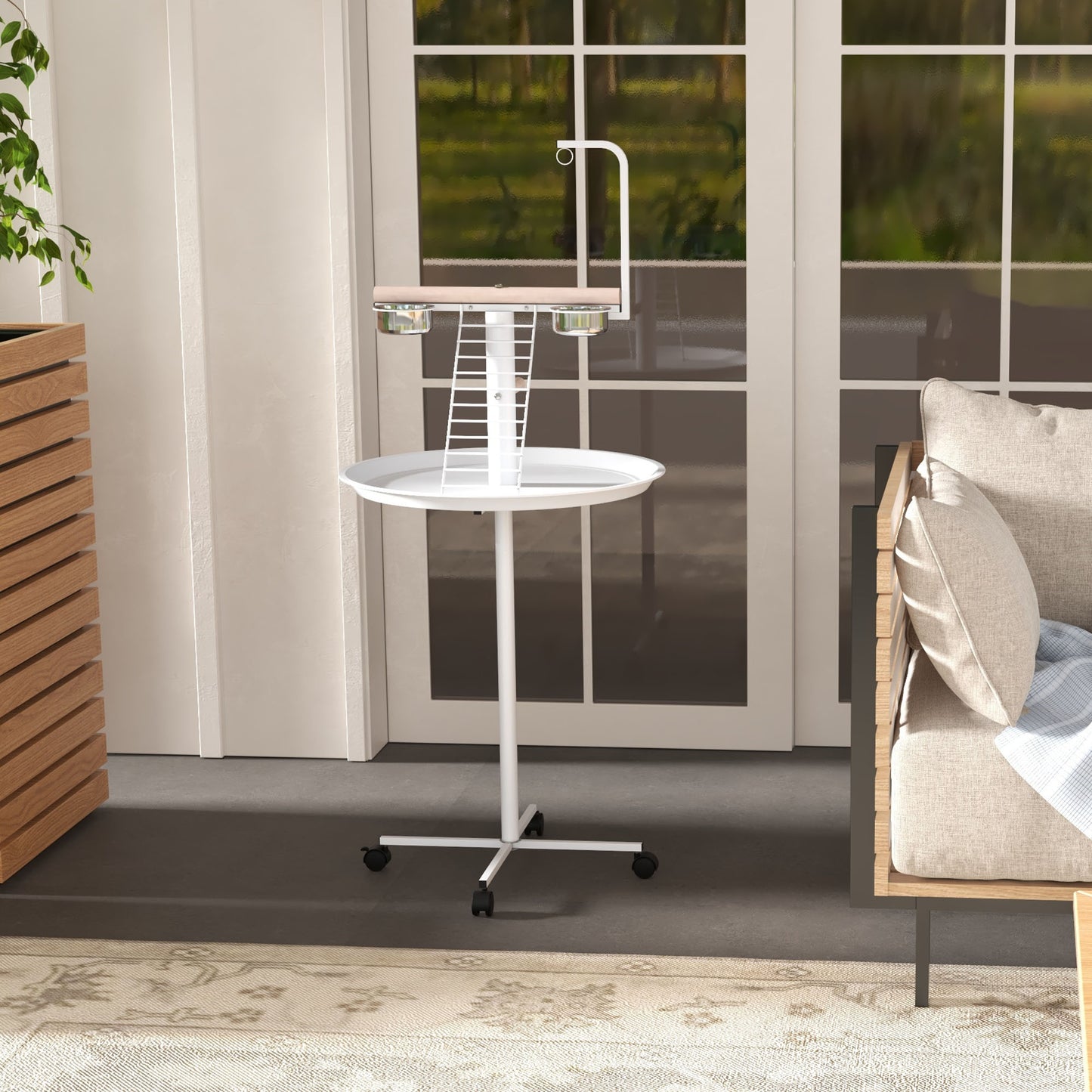 PawHut Bird Stand with Four Wheels Perches Stainless Steel Feed Bows Round Tray for Garden Indoor Outdoor White