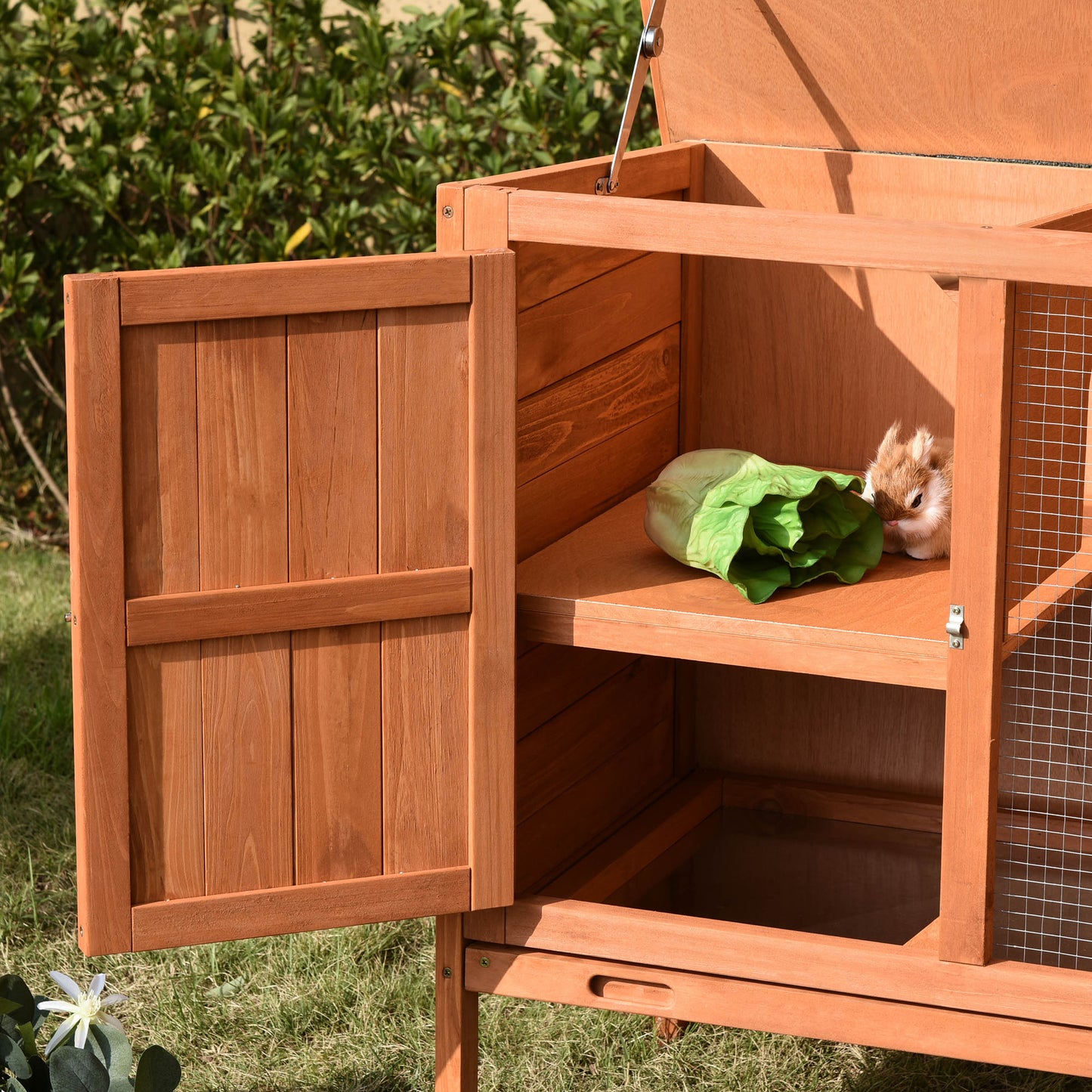 PawHut Wooden Rabbit Hutch Elevated Pet Bunny House with Slide-Out Tray Openable Roof