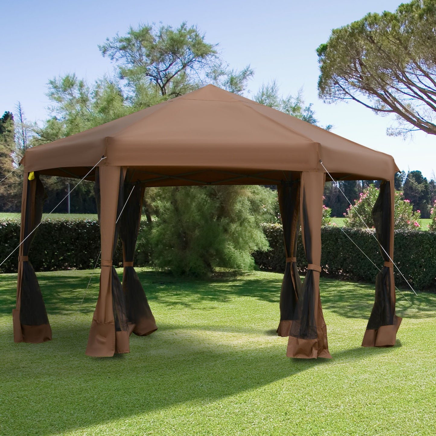 Outsunny 3.2m Pop Up Gazebo Hexagonal Canopy Tent Outdoor Mesh Sidewalls Bag Dark Brown