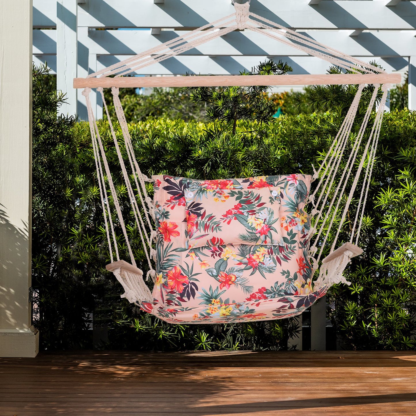 Outsunny 100x106cm Hanging Hammock Chair Safe Rope Frame Pillow Top Bar Bright Floral