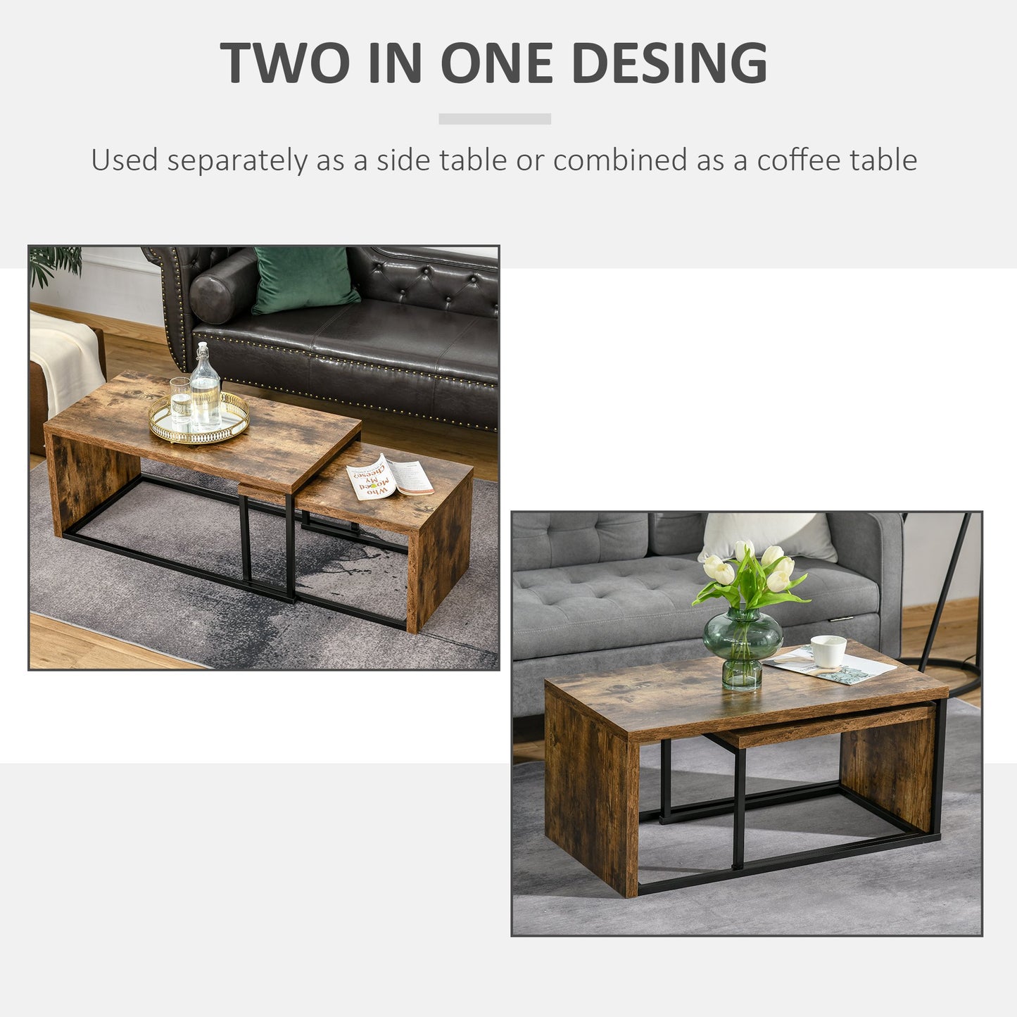 HOMCOM 2 Pieces Coffee Tables Set Industrial Style Side Table Living Room Bedroom