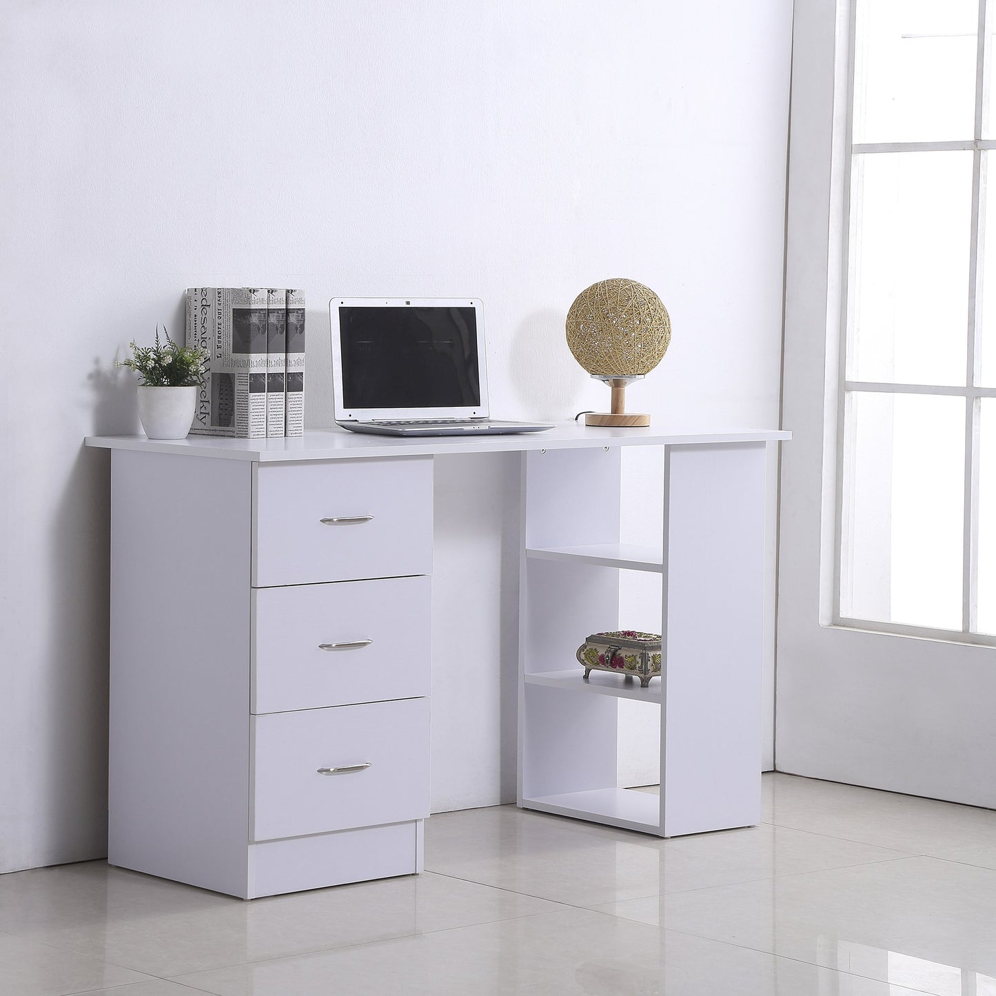 HOMCOM Computer Desk W/ 3 Shelf& Drawers, 120Wx49Dx72H cm-White Colour ...