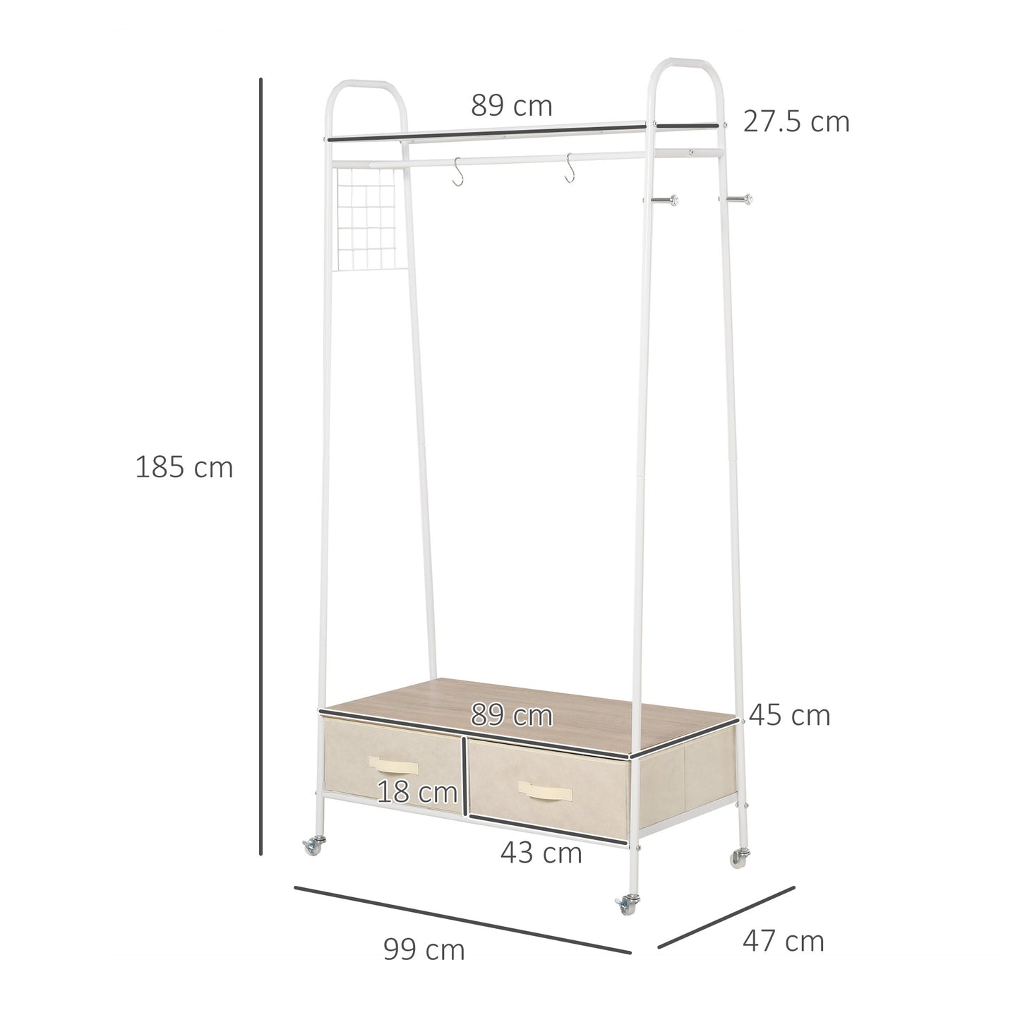 HOMCOM Clothes Rack Stand W/ 2 Drawers and Wheels, Metal-White with Beige Drawers