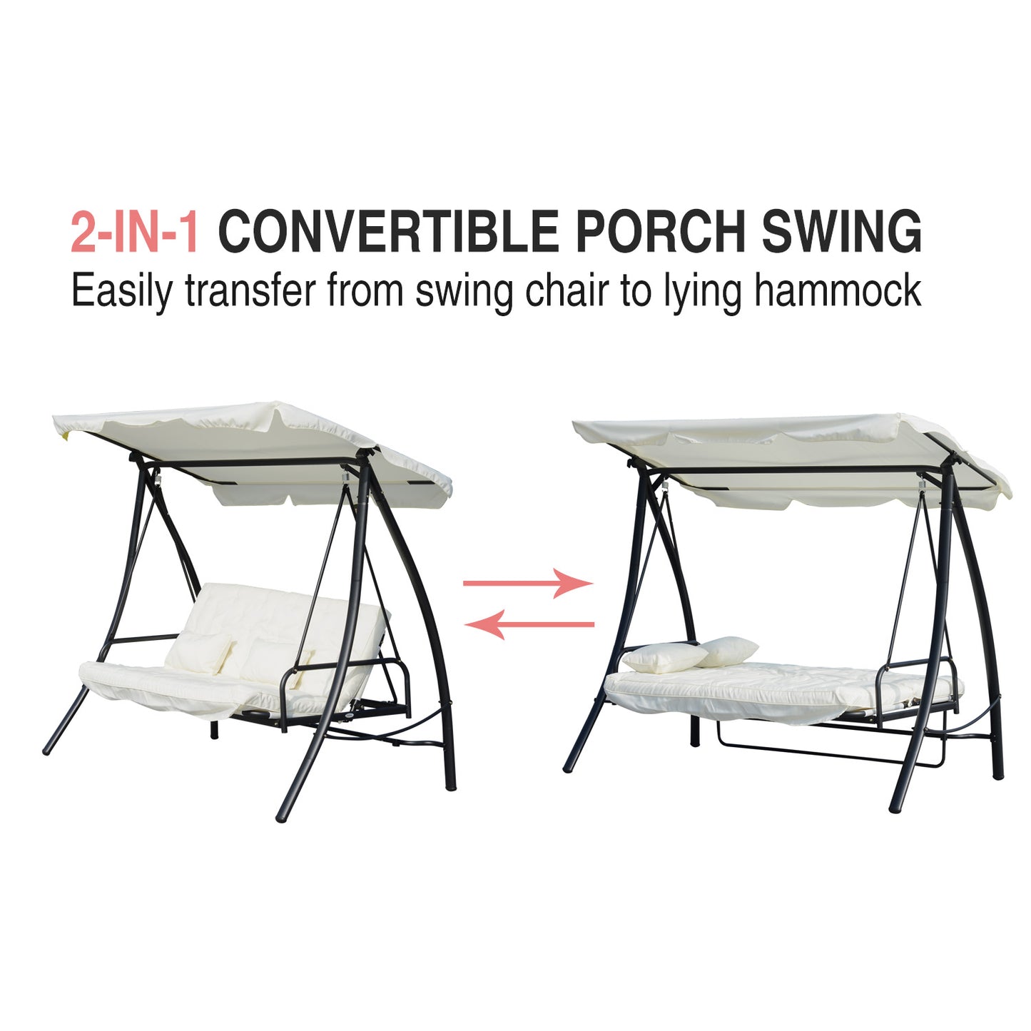 Outsunny 2-in-1 Convertible Swing Chair, 200Lx125Wx170H cm, Steel Frame-Cream White