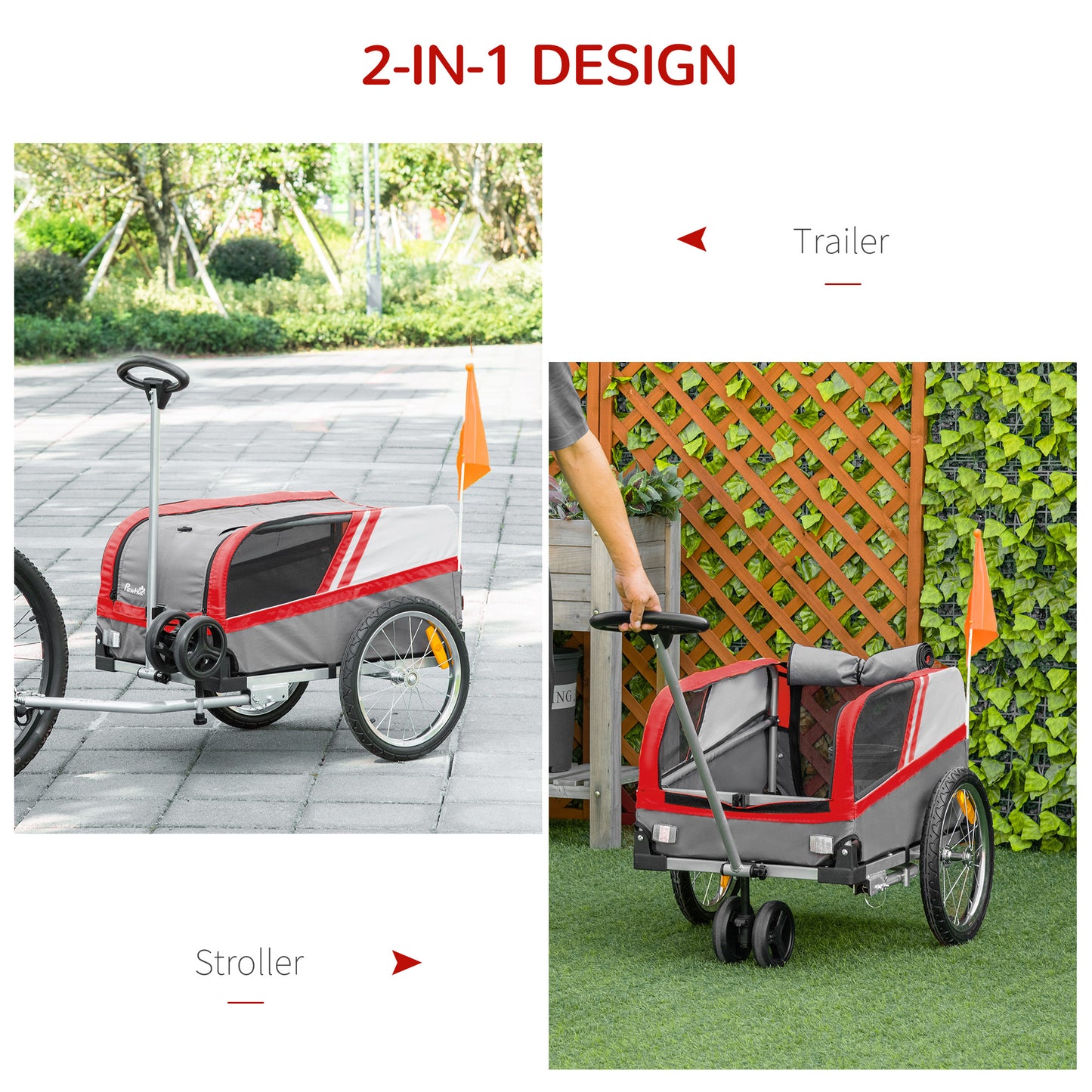 PawHut Dog Bike Trailer Two-In-One Trolley Stroller Cart Bicycle Carrier for Cat Puppy Travel w/ Reflectors Red Flag - Red