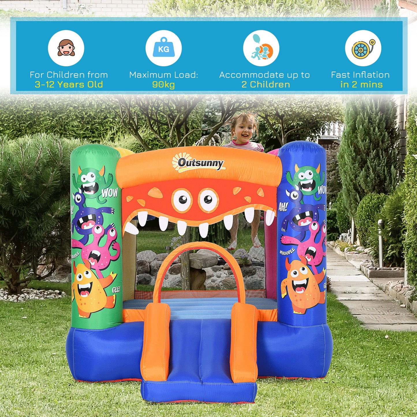 Outsunny Bounce Castle Inflatable Basket Trampoline Slide Monster Design 2.9 x 2 x 1.55m