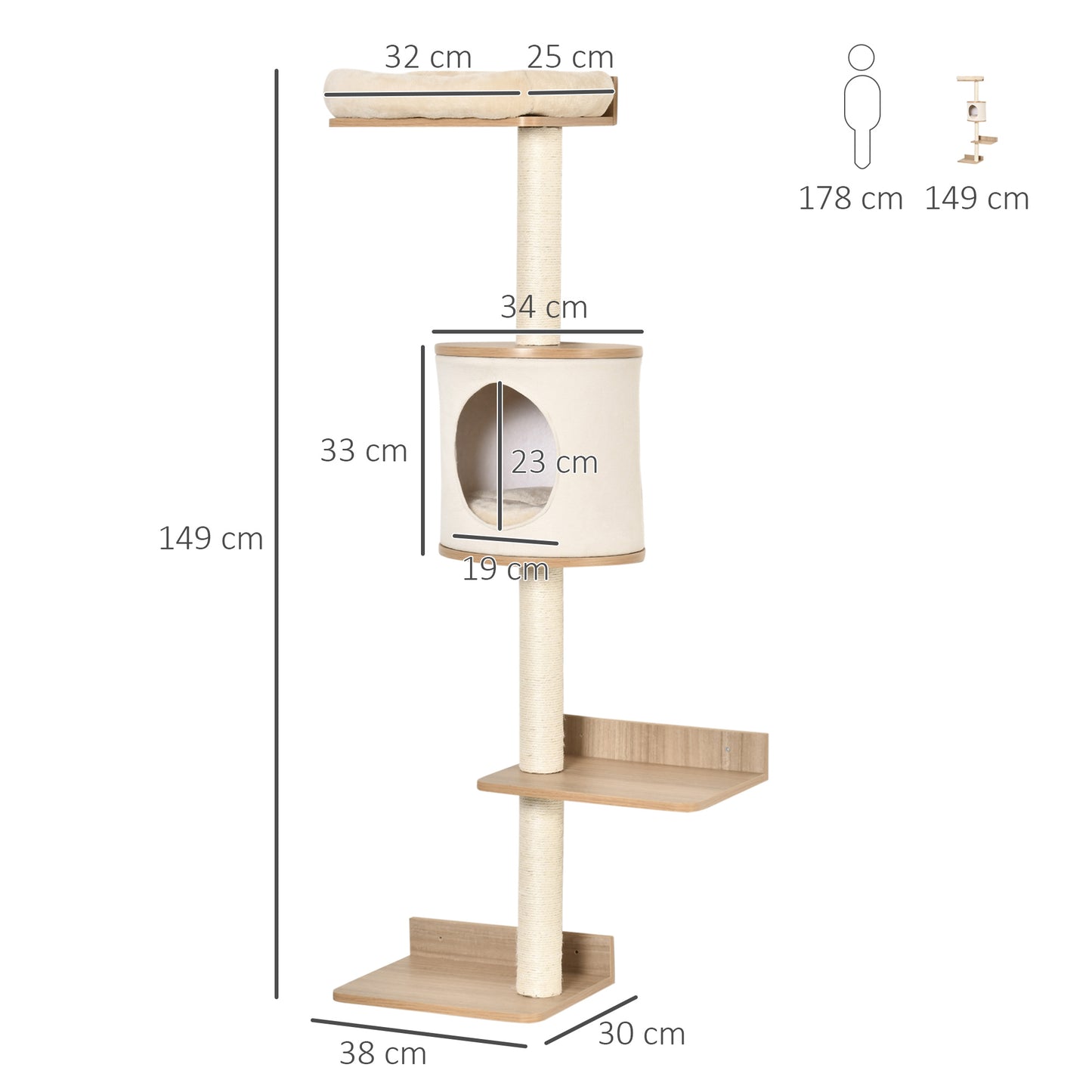 PawHut Cat Tree Cat Shelf Wall-Mounted Shelter with Condo Bed Scratching Post