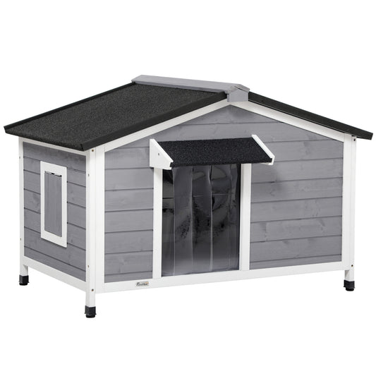 PawHut Large Wooden Dog Kennel Elevated Dog Kennels for Outside, with Openable Top, Asphalt Roof, Windows, Curtain, Removable Tray, Adjustable Leg, Dog House Outdoor, 109L x 79W x 72H cm, Grey