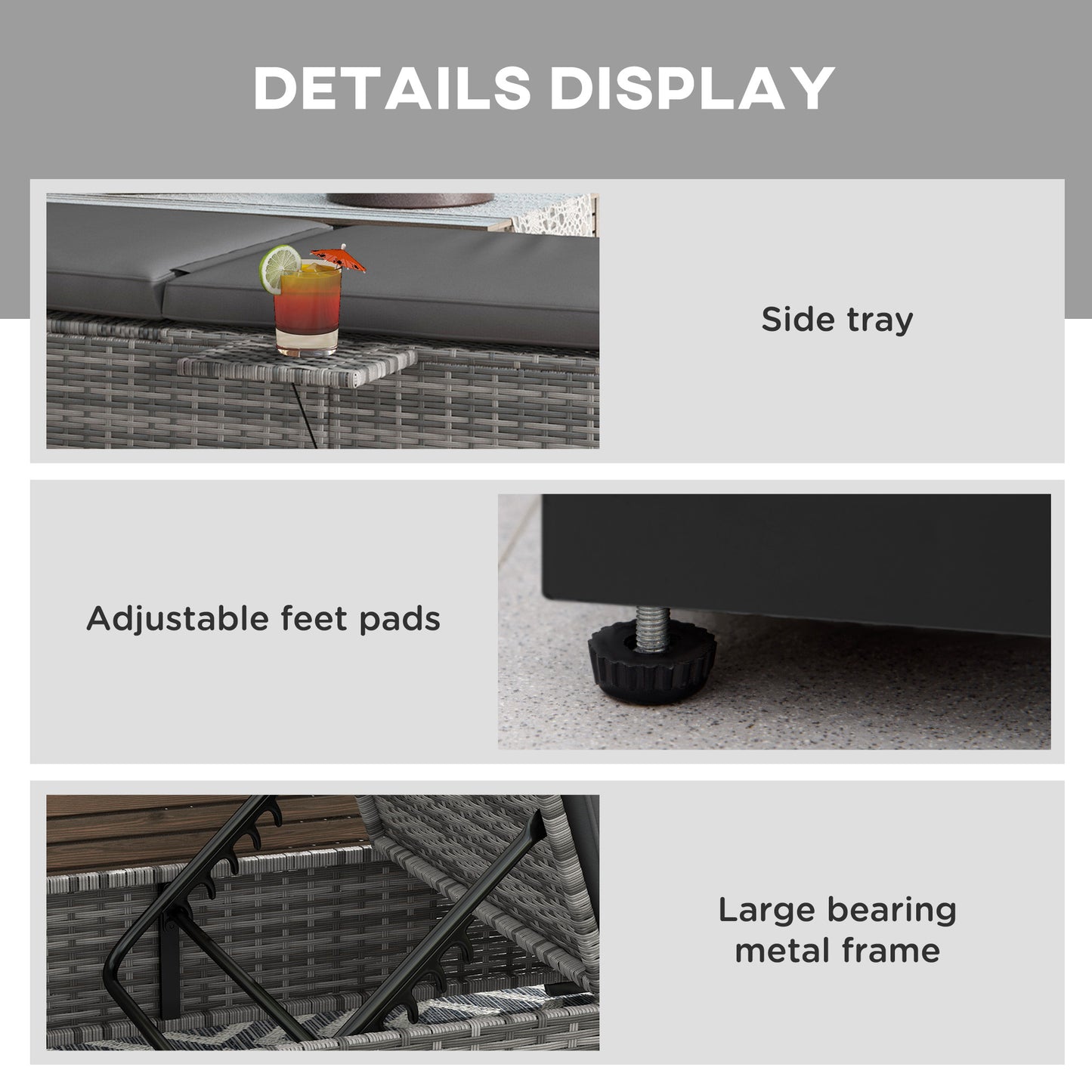 Outsunny Patio PE Rattan Lounger w/ Cushion, 5-Level Reclining Wicker Rattan Sun Lounger w/ Tea Tray, for Poolside, 120kg Weight Capacity, Grey