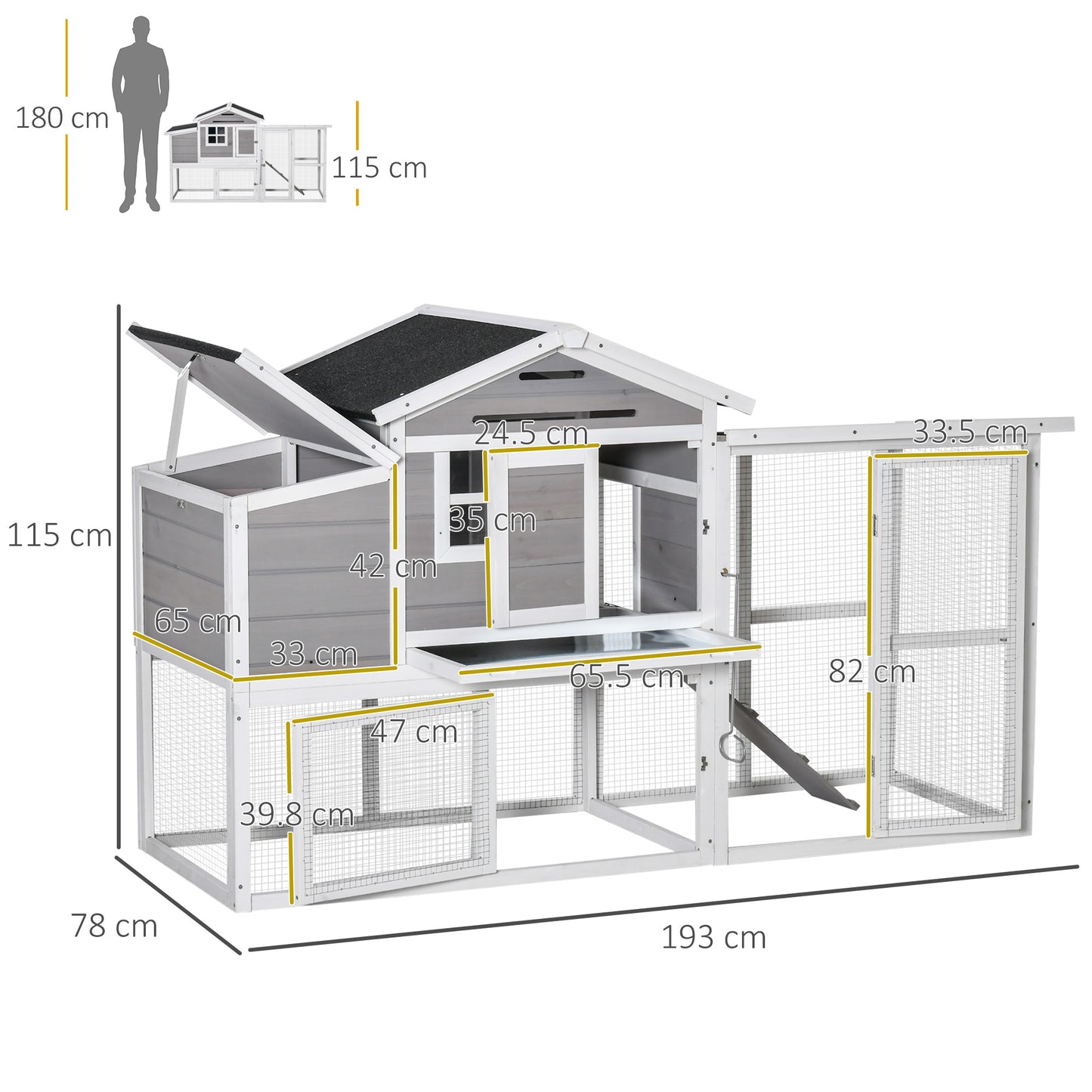 PawHut Deluxe Chicken Coop, Hen House, Wooden Poultry Cage w/ Outdoor Run, Nesting Box, Removable Tray and Lockable Doors, 193 x 78 x 115cm