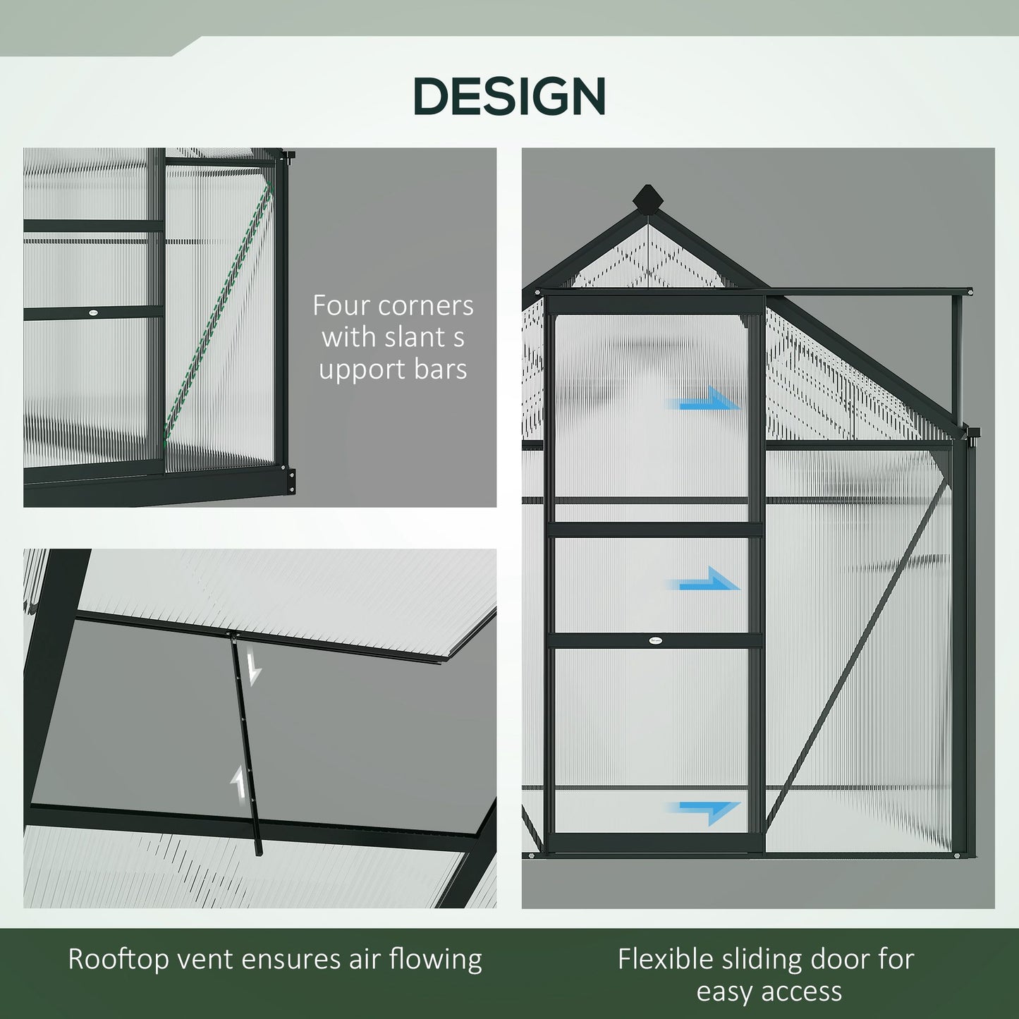 Outsunny Clear Polycarbonate Greenhouse Large Walk-In Green House Garden Plants Grow Galvanized Base Aluminium Frame with Slide Door, 6 x 4ft