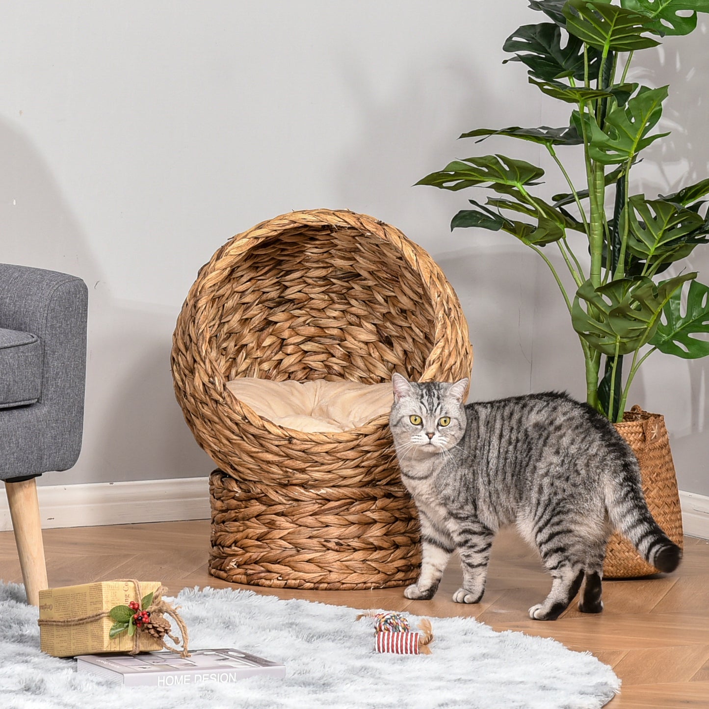 PawHut Wicker Cat Bed, Raised Rattan Cat Basket with Cylindrical Base, Soft Washable Cushion, Brown, 42 x 33 x 52 cm