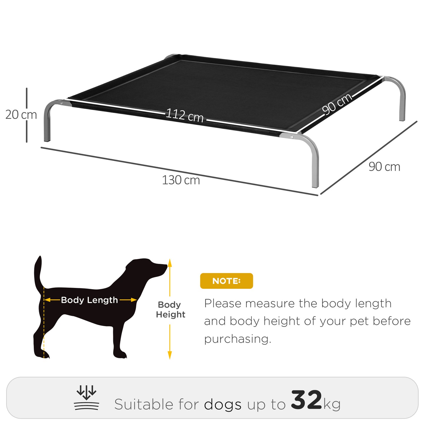 PawHut Elevated Pet Bed Cooling Raised Cot-Style Bed for Large Sized Dogs with Non-slip Pads Steel Frame Breathable Mesh Fabric, 130 x 90 x 20 cm