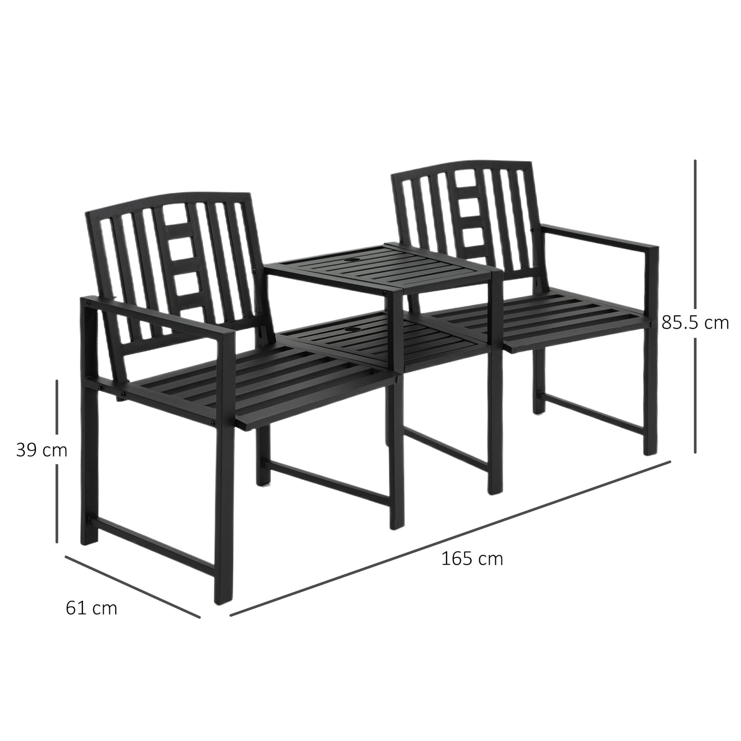 Outsunny Patio Tete-a-tete Chair 2 Seat Bench Middle Coffee Table w/ Umbrella Hole for Outdoors Decorative Slatted Design Steel Frame Black 2-Seater Backyard Porch