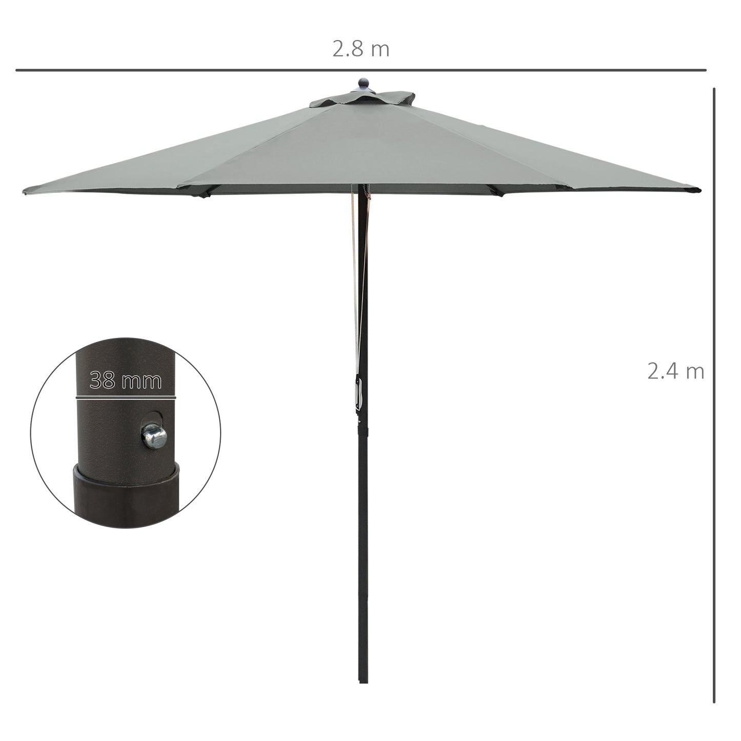Outsunny 2.8m Patio Sun Umbrella Parasol Outdoor 6 Ribs Sunshade Canopy Manual Push Garden Backyard Furniture Dark Grey BASE NOT INCLUDED Table