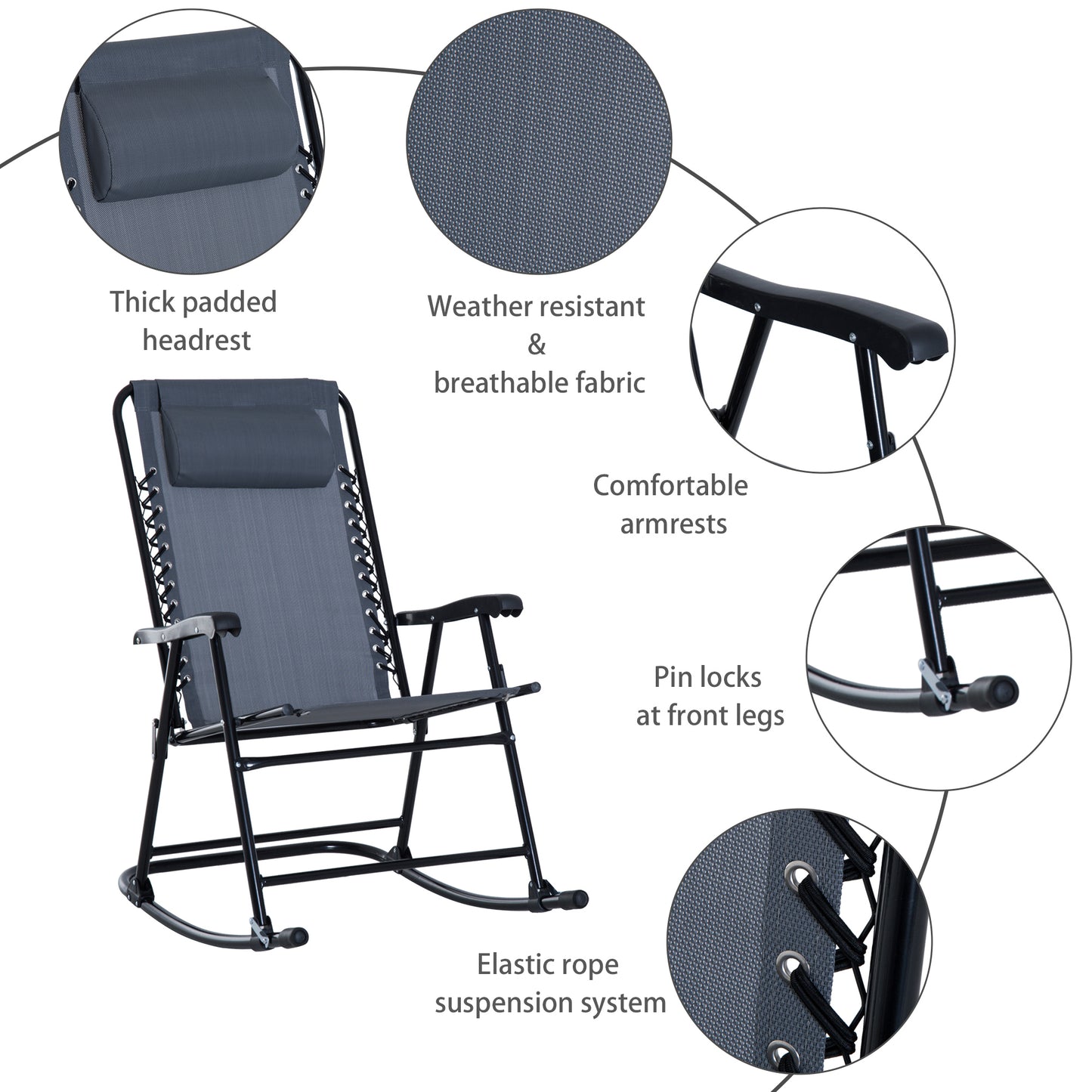 Outsunny 3 Piece Outdoor Rocking Bistro Set, Patio Furniture Set with 2 Folding Chairs and 1 Tempered Glass Table, Grey