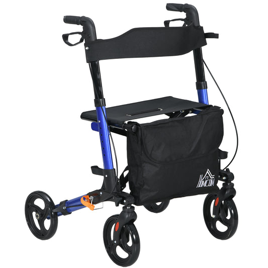 HOMCOM 4 Wheel Rollator with Seat and Back, Folding Mobility Walker with Carry Bag, Adjustable Height, Dual Brakes, Cane Holder, Lightweight Aluminium Walking Frame for Seniors and Disabled, Blue