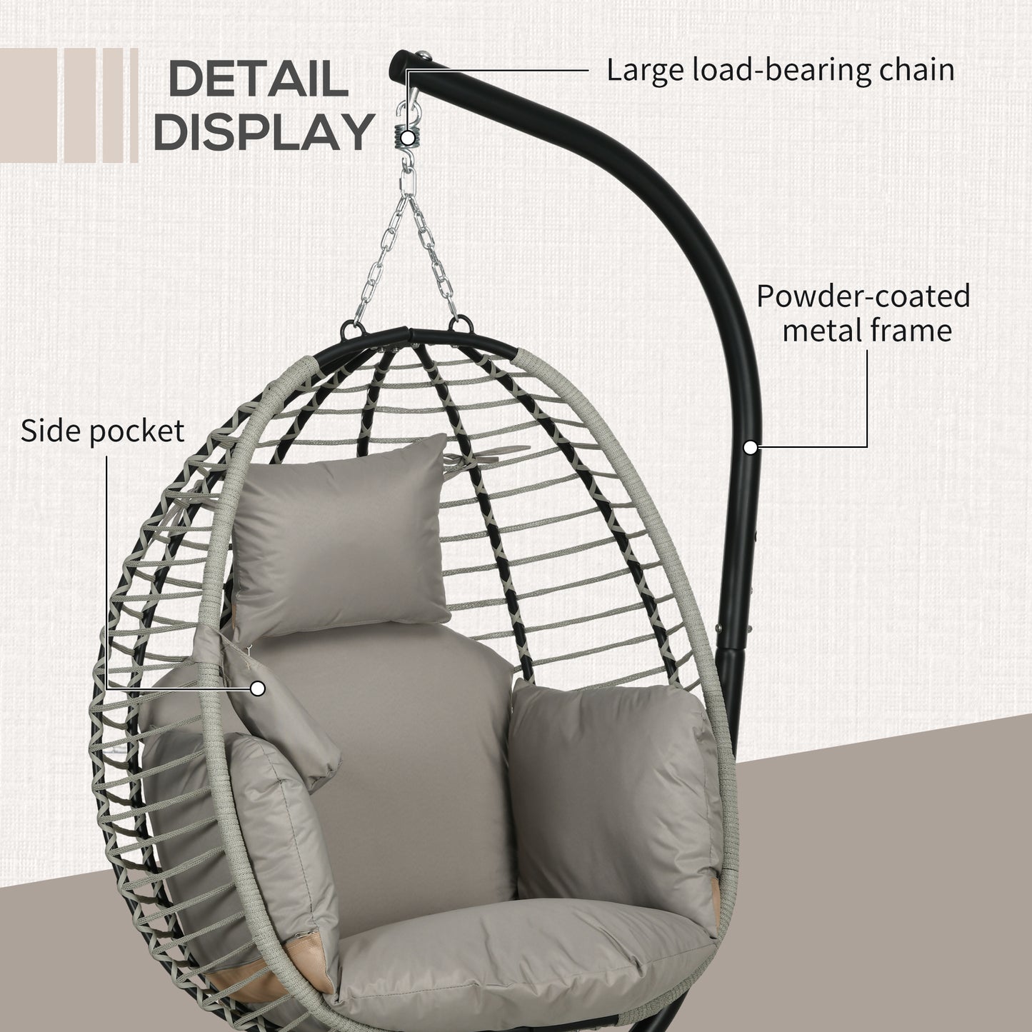 Outsunny Outdoor Swing Chair with Thick Padded Cushion, Patio Hanging Chair with Metal Stand, Foldable Basket, Cup Holder, Rope Structure, for Indoor & Outdoor, Grey