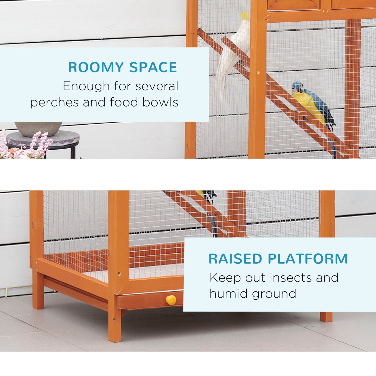 PawHut Wooden Bird Aviary Cages Outdoor Finches Birdcage with Pull Out Tray 2 Doors, Orange