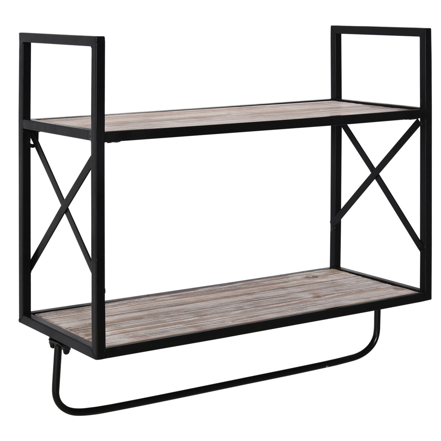 HOMCOM 2-Tier Wall Shelf Metal Frame Wood Shelves Bottom Rail Storage Rack Home Natural