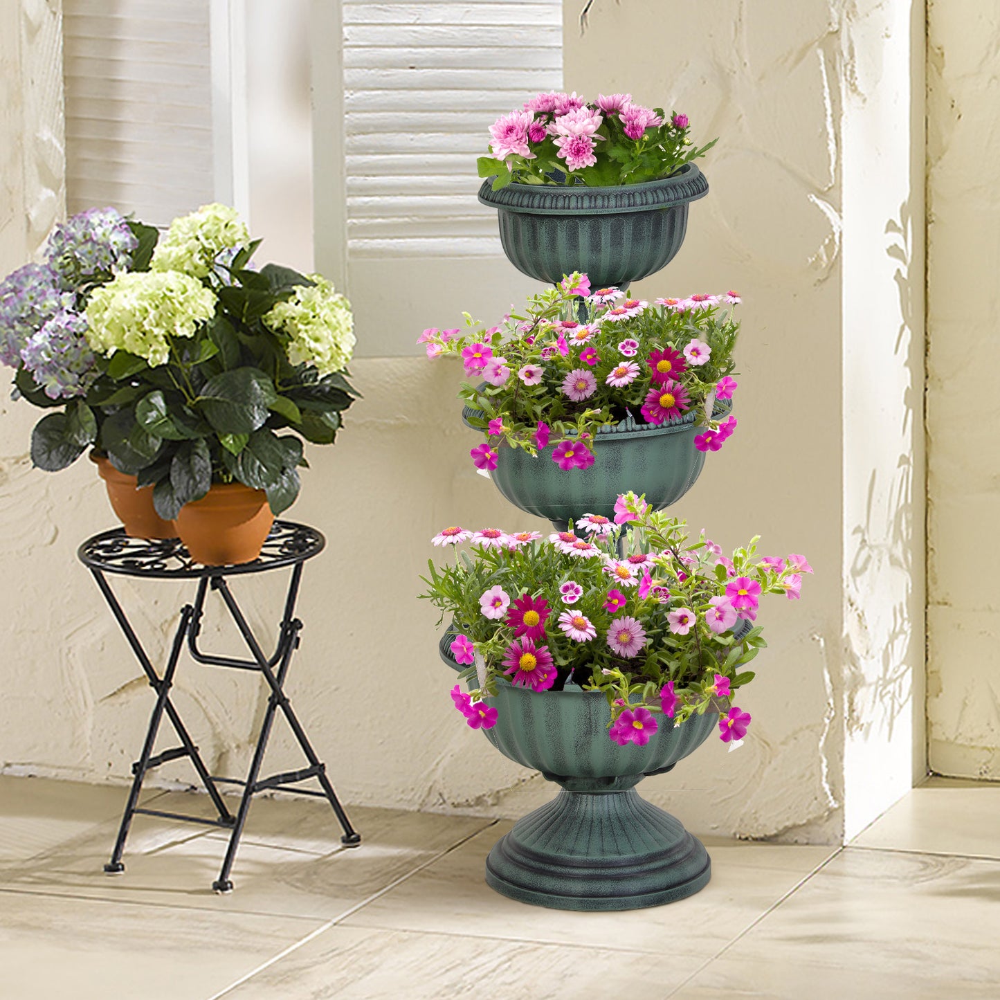 Outsunny 3-tier Chelsea Planter Flowers Display Thick Plastic Pattern Engraved Wide Base