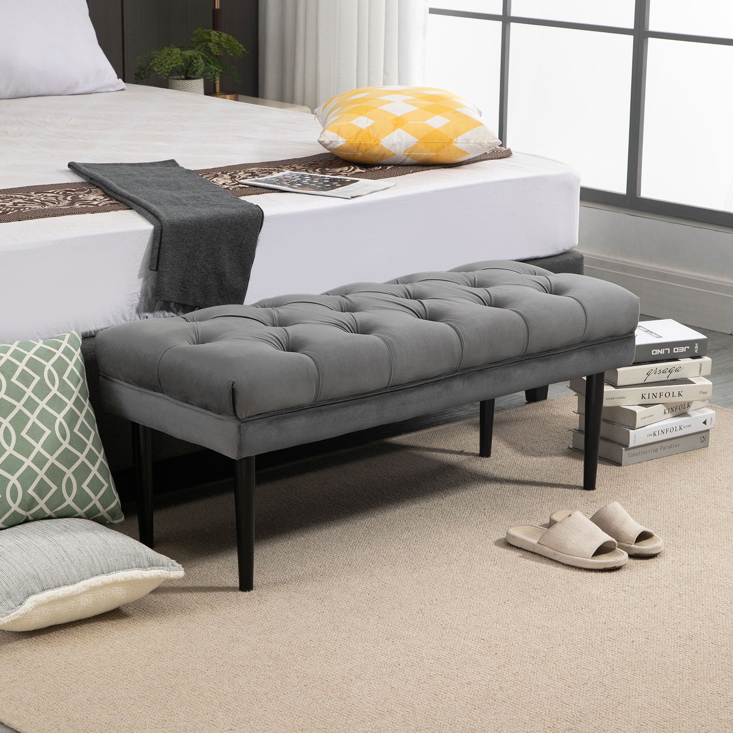 HOMCOM Bed End Bench Button Tufted Accent Bench for Living Room Bedroom Hallway Grey