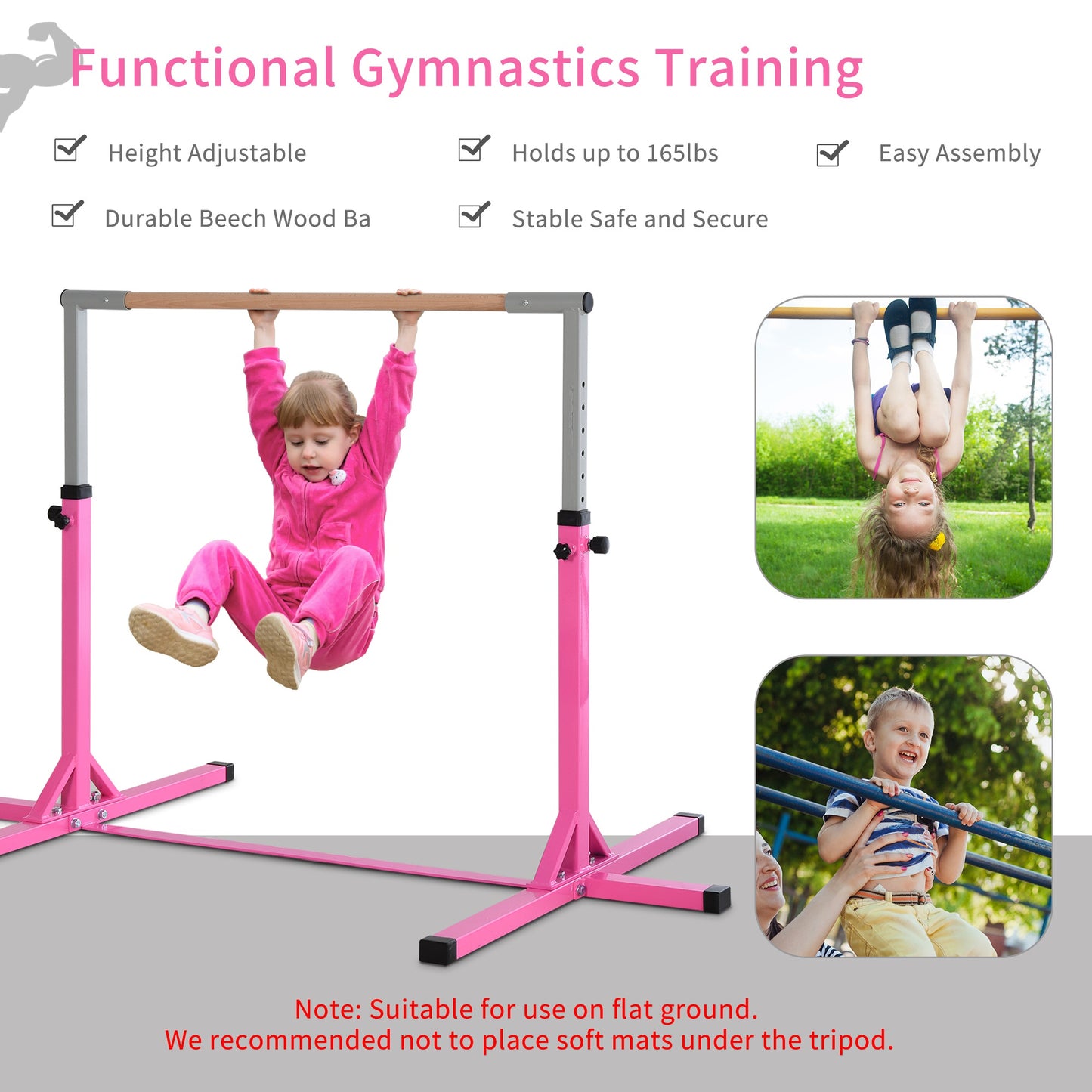 HOMCOM Steel Frame Adjustable Horizonal Gymnastics Bar for Kids Pink