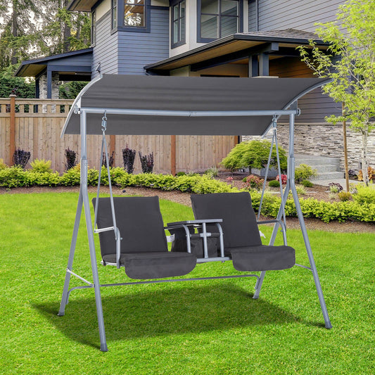 Outsunny Steel Frame 2-Seater  Swing Chair w/ Table Grey