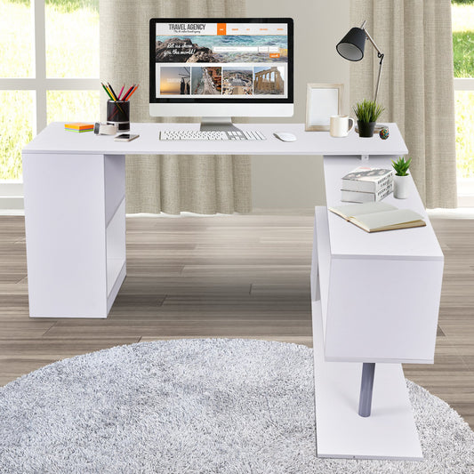 HOMCOM 360 Degree Rotating Corner Desk Storage Shelf Combo Laptop Workstation Wood L Shaped Table Home Office - White