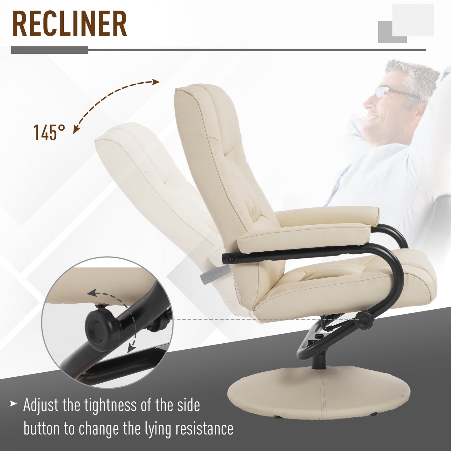 HOMCOM PVC Reclining Executive Chair w/ Footrest Stool Cream