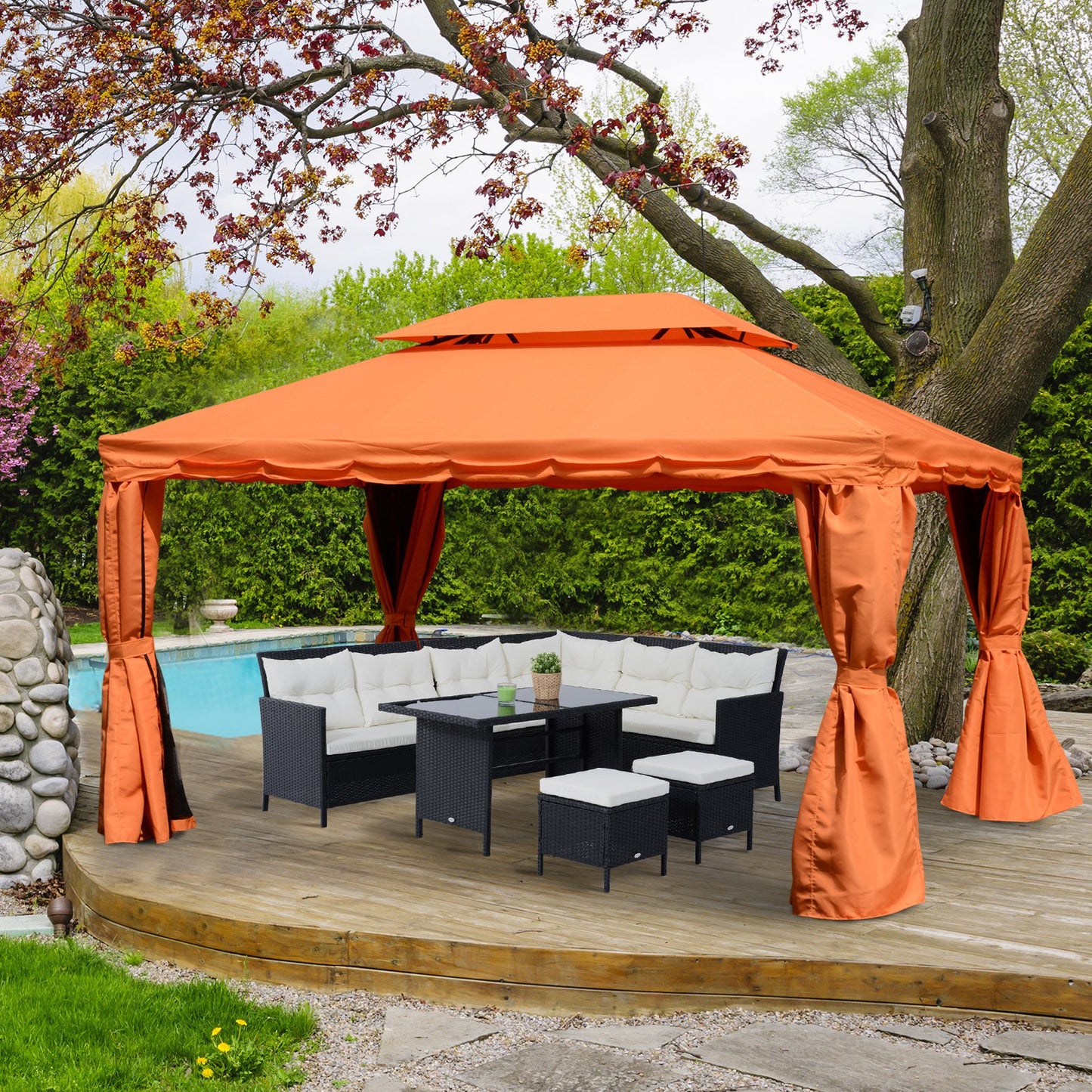 Outsunny 3m x 4m Aluminium Frame Polyester Draped 2-Tier Roof Gazebo Orange