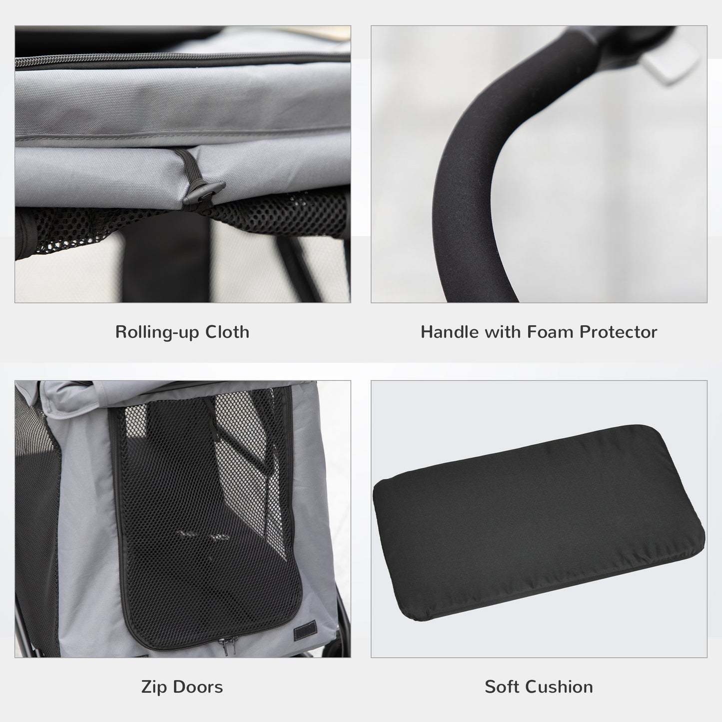 PawHut One-Click Foldable Pet Stroller, Dog Cat Travel Pushchair w/ EVA Wheels, Storage Bags, Mesh Windows, Doors, Safety Leash, Cushion, for Small Pets - Grey