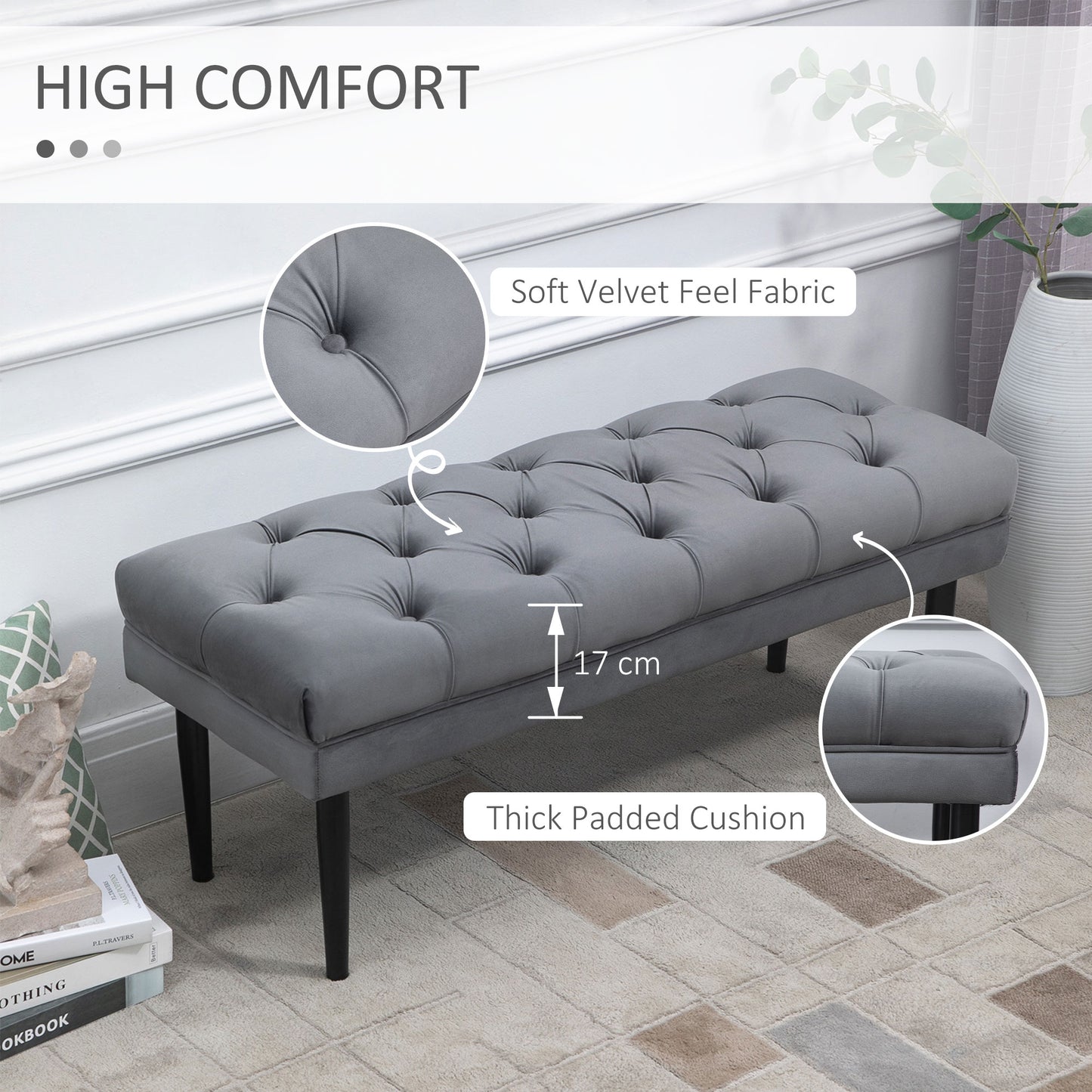 HOMCOM Bed End Bench Button Tufted Accent Bench for Living Room Bedroom Hallway Grey