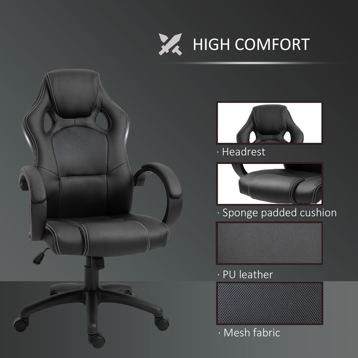 HOMCOM Racing Chair Gaming Sports Swivel Leather Office PC Chair Height Adjustable-Black