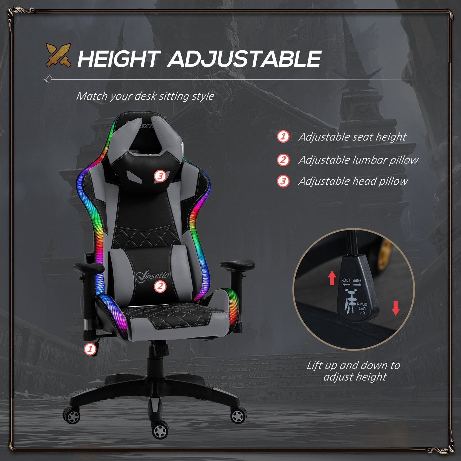 Vinsetto Racing Gaming Chair with RGB LED Light, Lumbar/Head