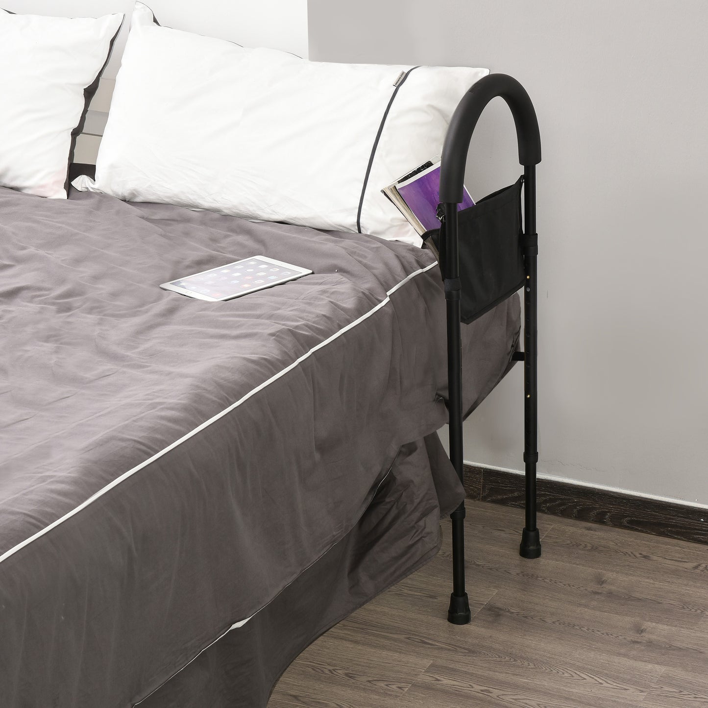 HOMCOM Steel Frame Bed Support Handle w/ Pocket Black