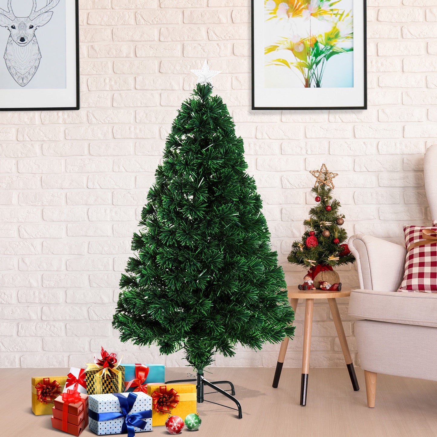 HOMCOM 1.2m Pre-Lit Artificial Christmas Tree, Metal Stand-Green