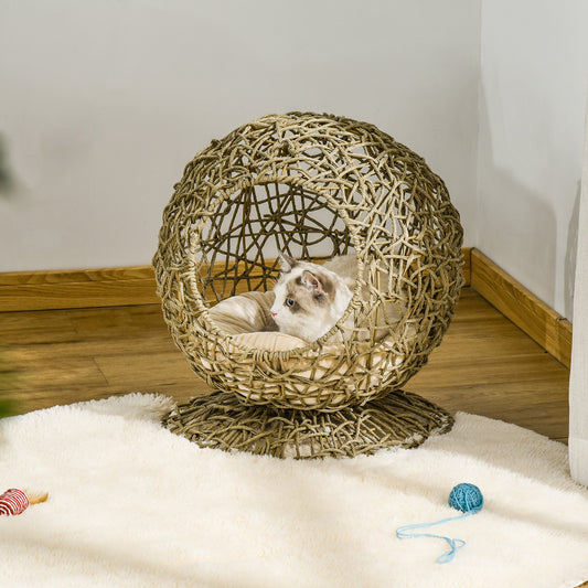 PawHut Wicker Cat Bed Elevated Rattan Kitten Basket Pet Den. House with Soft Cushion