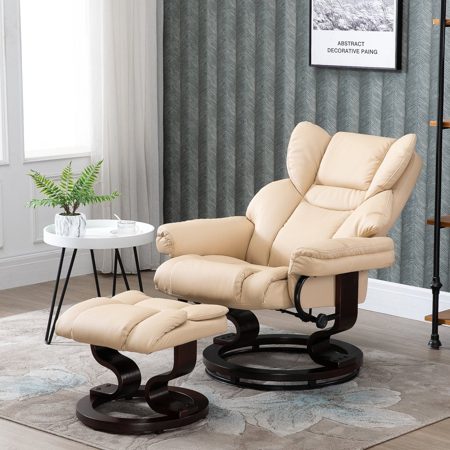 HOMCOM PU Leather Reclining Chair Manual Reclining Armchair with Footstool Beige